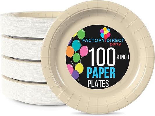 Exquisite Party Solids Ivory Paper Plates Disposable Heavy Duty 9 Inch Ivory Disposable Plates For Party 100 Pcs Heavy Duty 350 GSM, Birthday Supplies