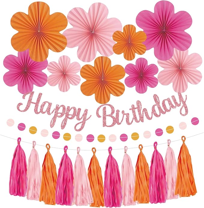 Roetyce Flower Birthday Decorations, Pink Happy Birthday Banner Paper Fan Tassel for Women, Orange Floral Themed Girls BDay Party Supplies, Boho Garland Photo Background Backdrop