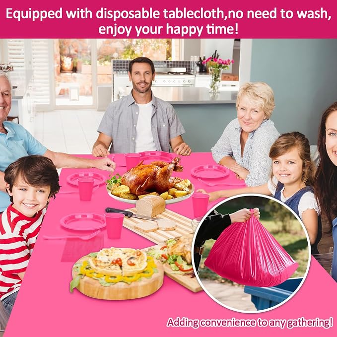 Hot Pink Plastic Plates for Party,50 Guest Disposable Plastic Plate Set 9" Plates,7" Dessert Plate,Napkins,Cups,Forks & Tablecloth for Girls Women,Summer Party,Birthday
