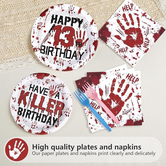 Grencian 96Pcs Killer Happy 13th Birthday Party Supplies Red and Black Bloody Hand Themed Paper Plates and Napkins Horror Tableware for Boy Girl 13th Stranger Birthday Party Decorations Serve 24