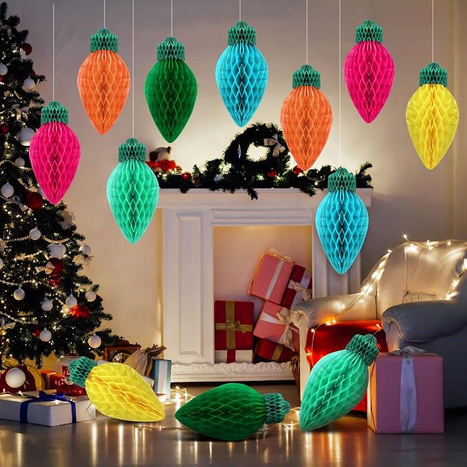 12 Pcs 12" Vibrant Jumbo Christmas Lights Honeycomb Hanging Decoration Large 3D Light Bulb Land Xmas Assorted Colors Light for Christmas Tree Mantal Ceiling Classroom Ornament