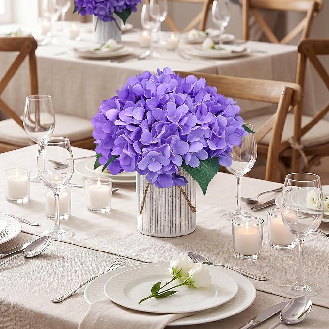 Flower Table Centerpieces - Set of 6 Floral Arrangement Artificial Wedding Hydrangeas Floral Arrangement with Rustic Metal Vase for Bridal Tea Party Event Decorations - Deep Purple