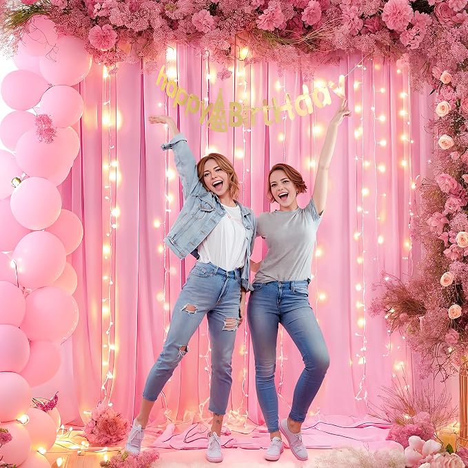 Pink Backdrop Curtain with Lights String for Parties,10x10FT Wrinkle Free Polyester Wedding Photo Backdrop Drapes for Baby Shower Birthday Ceremony Reception Home Party Decorations-5ft x 10ft,2 Panels