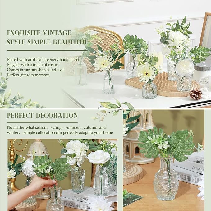 FoldTier 108 Pcs Artificial Flowers in Vase 96 Pcs Faux Greenery Stem Table Centerpiece Fake Plants Silk Roses Arrangement 12 Pcs Glass Vase Sets for Wedding Bathroom Home Dining Decor(Clear)