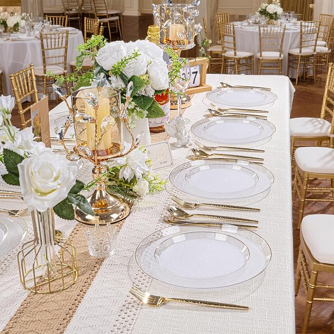 DaYammi 60Pcs Clear Gold Plastic Plates - Disposable Party Plates, Gold Plates Disposable Include 30 Dinner Plate 10inch,30 Dessert Plate 7inch,Frosted Bottom Plastic plates for Party,Wedding,Holiday