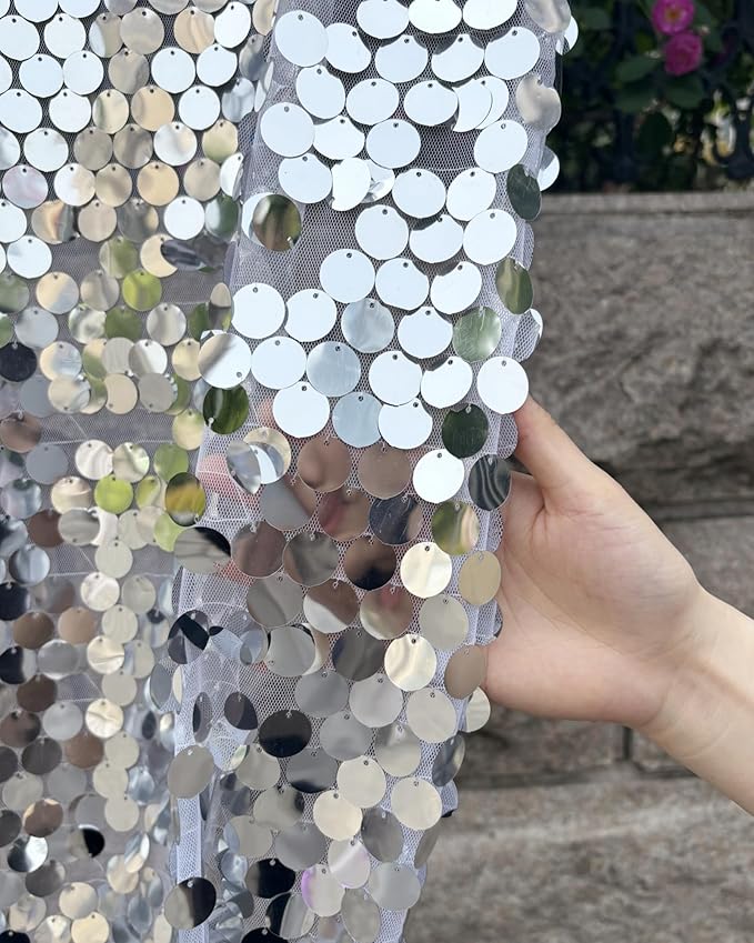 Silver Sequin Backdrop 18MM Large Sequins, 4x10 Feet, 2 Panel Glitter Sparkler Shimmer Backdrop for Decor, Parties, Home