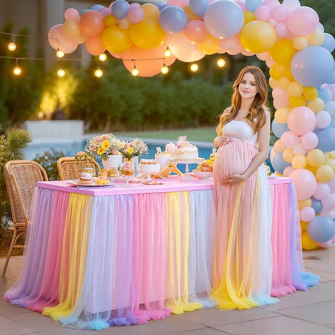 4 Pack Rainbow Tablecloths with Tulle Table Skirt for 8 Foot Rectangle Tables, Party Ruffle Tutu Table Skirt Stretch Fitted Covers for Wedding Reception Birthday Baby Shower Celebration Banquet Event