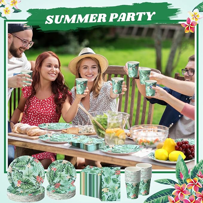 Pickmesh 250 Pcs Hawaiian Paper Napkins Plates Cups Set Tropical Nights Luau Party Supplies Hawaii Aloha Disposable Tableware for Summer Birthday Pool Beach Dinner, Serve for 50 Guests(Monstera)
