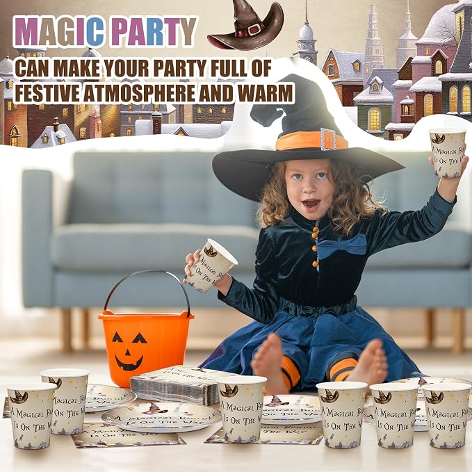 Hushee 200 Pcs a Magical Bundle Is on The Way Baby Shower Paper Plates Napkins Cups Girl Boy Baby Shower Tableware Set Magical Wizard Theme Disposable Cup Napkin for 50 Guest Party Decoration