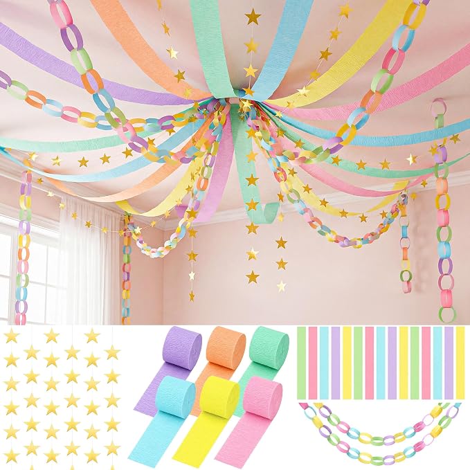 700 Sheet Macaron Paper Chain Strips and Star Garland Set, Pastel Paper Chains and 52 ft Gold Star Decor with 492 ft Crepe Paper Streamer for DIY Colorful Craft Birthday Wedding Theme Party