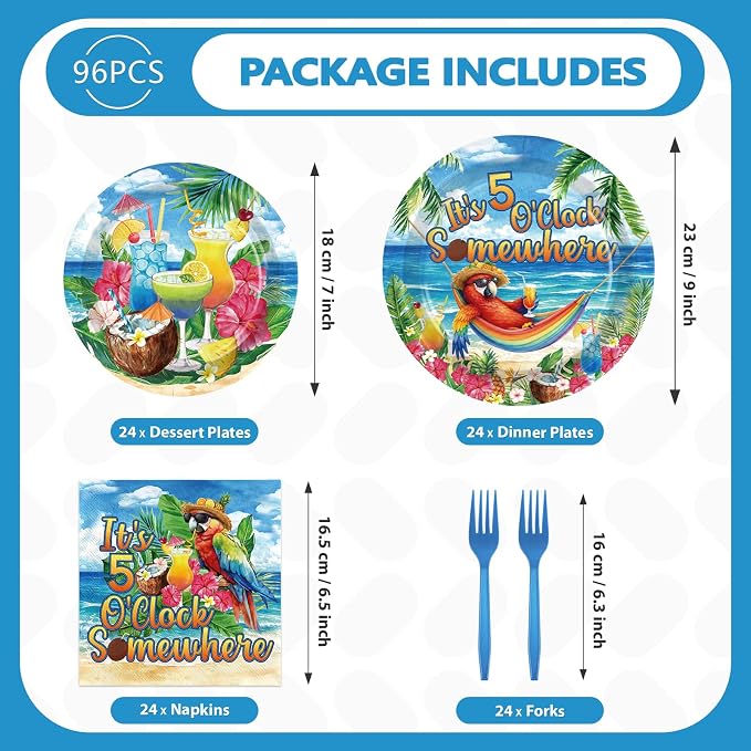96 Pcs Hawaiian Tropical Luau Party Decorations Summer Parrot Drinks Plates and Napkins It's Five O'Clock Somewhere Tableware Set for Hawaii Summer Beach Holiday Party Supplies, Serves 24