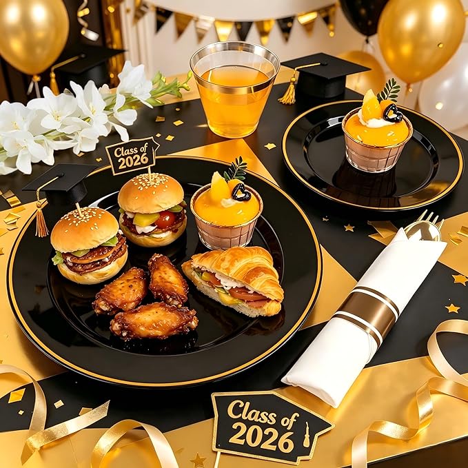 SUT 175 Pcs Black and Gold Plastic Dinnerware Set for 25 Guests, Include: 25 Dinner Plates, 25 Dessert Plates, 25 Pre Rolled Napkins With Silverware, 25 Cups, Disposable Plates for Party