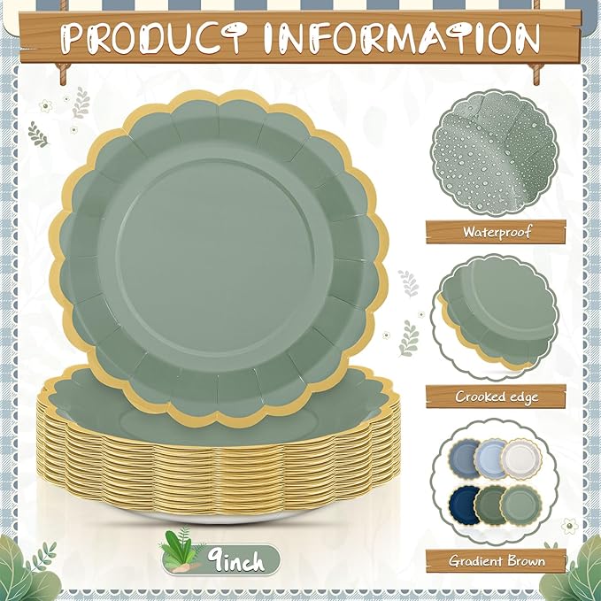 48 Pcs Dusty Blue Sage Green Paper Plates 9 Inch Green Blue Scalloped Paper Disposable Dinner Dessert Plates for Birthday Wedding Bridal Party Supplies, 6 Colors