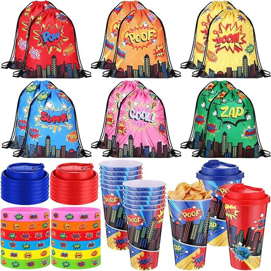Potchen 48 Pcs Spider Party Favors Spider Birthday Party Supplies Hero Decorations for Guests Including Drawstring Gift Bags Cups and Wristbands for Christmas Birthday Gift Favors (Hero)