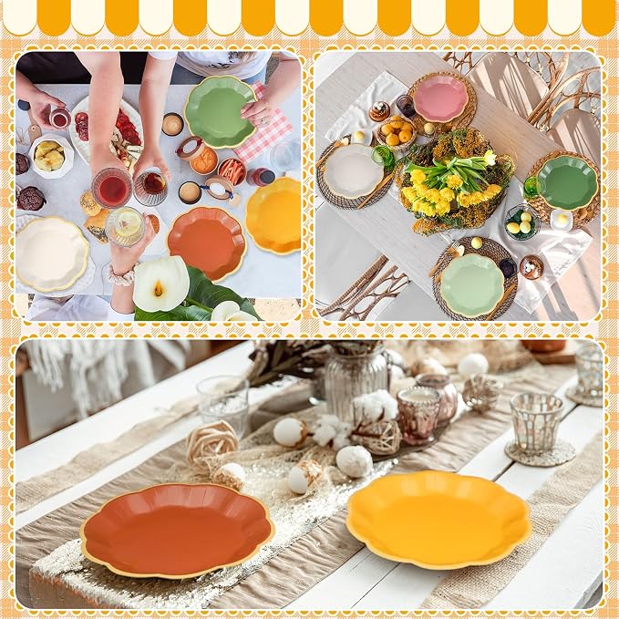 72 Pcs Boho Color Paper Plates 9 Inch Colorful Rainbow Scalloped Paper Disposable Dinner Dessert Plates for Birthday Wedding Bridal Party Supplies, 6 Colors