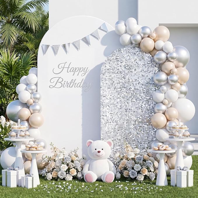 White and Silver Arch Covers 7.2 and 6FT Sequin Arch Backdrop Cover Set of 2, Spandex Fitted Bling Sequin Arch Stand Covers for Birthday Party Ceremony Baby Shower Banquet Decoration