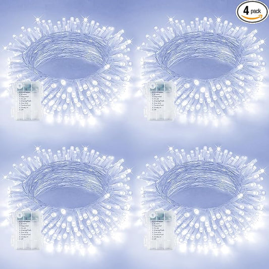 4 Pack String Lights Battery Operated with Timer, 66FT 200 LED Waterproof Battery Twinkle Lights, 8 Modes Fairy Light for Indoor & Outdoor Party Bedroom Porch Tree Christmas Decorations (Cool White)