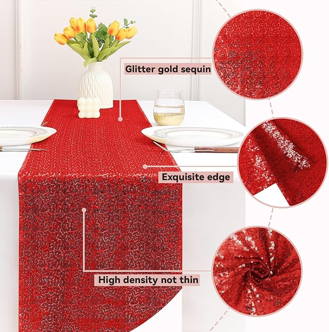Sugargirl 10 Packs 12 x 72 inches Sequin Table Runner, Glitter Red Table Runner for Birthday Party Supplies Wedding Holiday Celebration Event Decorations