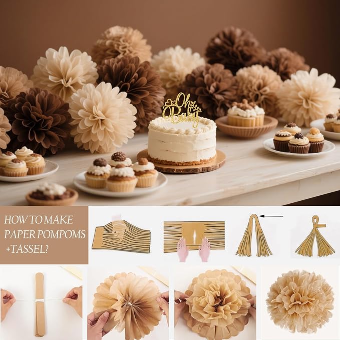 Baby Shower Decorations Neutral, Brown Nude Balloons Welcome Baby Banner, Cake Topper, Paper Pom Poms Tassels, Sash for Baby Shower Party Supplies