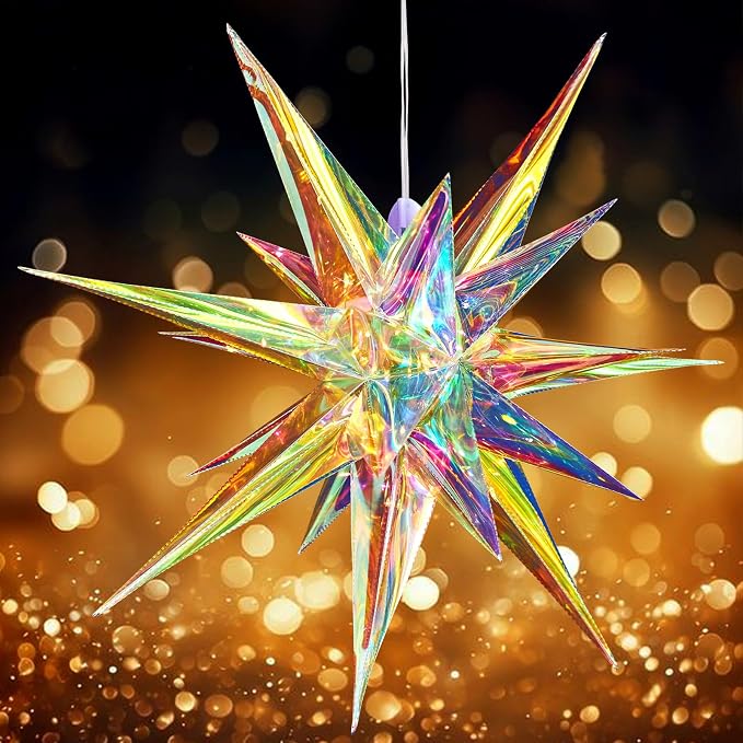 SUNBEAUTY 24 Inches Iridescent Christmas Lights Stars Lanterns Christmas Lanterns Hanging Moravian Star 3D for Wedding Birthday Christmas Home Party Decorations