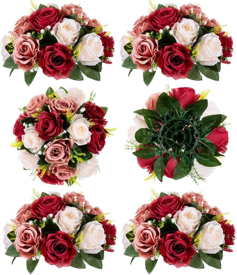 BLOSMON Wedding Flowers Decorations for Table: 6 Pcs Burgundy & Dusty Rose & Creamy White Fake Rose Flowers Balls Centerpieces- Artificial Silk Kissing Floral Arrangements Home Party DIY Decoration
