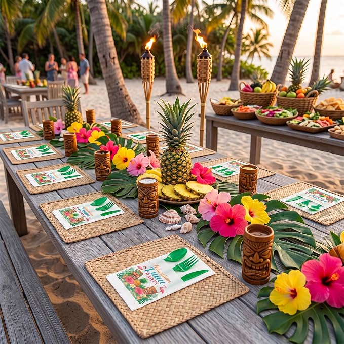 LemonRoad 50 Sets Hawaiian Luau Party Plastic Silverware Serves 50 Green Disposable Prefolded Summer Cutlery Includes Forks Knives Spoons Paper Napkin Luau Party Tableware for Tropical Beach Birthday