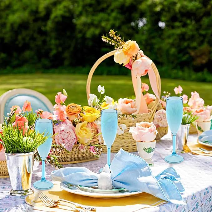 12 Pcs Champagne Flutes 5.4OZ Plastic Champagne Glasses Wine Glasses Plastic Goblets for Parties Mimosa Bar Glasses Stemmed Drinking Cups for Wedding Celebration Christmas Birthday Bride (Clear Blue)