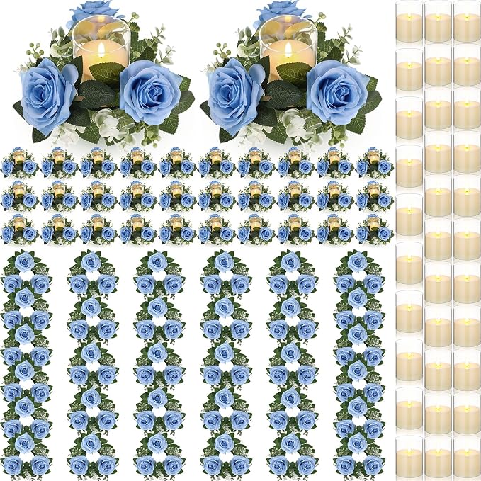 Yunlly 32 Pcs Rose Candle Rings with Flameless Candles Sets, Artificial Flower Eucalyptus Wedding Centerpiece 3 Inch Pillar Candleholders Wreaths for Wedding Party Mother's Day (Blue)