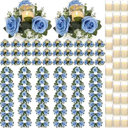 Yunlly 32 Pcs Rose Candle Rings with Flameless Candles Sets, Artificial Flower Eucalyptus Wedding Centerpiece 3 Inch Pillar Candleholders Wreaths for Wedding Party Mother's Day (Blue)