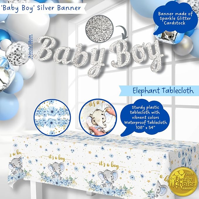 187 Pc Elephant Baby Shower Decorations for Boy - Blue Balloon Garland Kit | 2025 Family Choice Award winner - reusable Oxford-cloth backdrop (not paper), BABY BOY boxes, banner & printable games