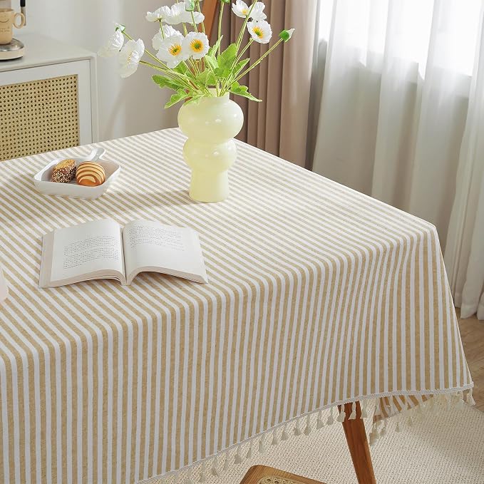 meioro Rectangle Striped Tassels Tablecloth Cotton Blend Stain and Wrinkle Resistant Washable SquareTable Cloth Cover for Indoor or Outdoor Events & Parties(Beige 24x24 Inch)