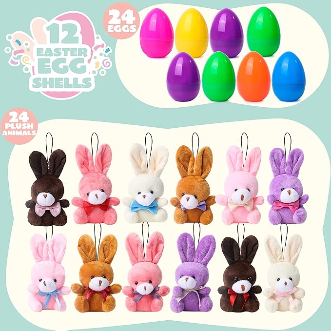 JOYIN 24 Pcs Filled Easter Eggs Plush Toy, Bright Colorful Eggs Prefilled with Variety Plush Bunnies for Kids Toddlers, Easter Basket Stuffers and Party Favors