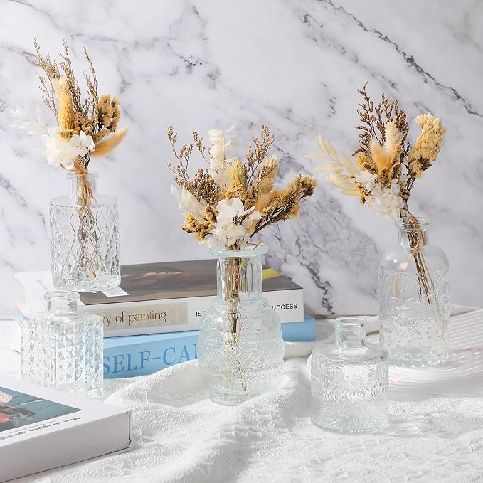 Yerliker 48pcs Glass Bud Vase Set with Dried Flower Bouquet Wedding Centerpieces for Tables, Mini Clear Bud Vases Boho Dried Flower for Centerpieces Rustic Wedding Birthday Party Anniversary Decor