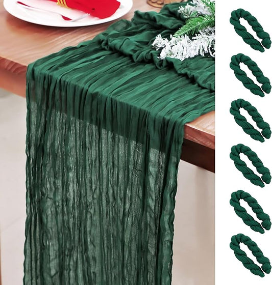 Snowkingdom 6 PCS Emerald Green Table Runner 120 Inch 10 Ft Rustic Boho Dark Green Cheese Cloth Runner for Wedding Bridal Baby Shower Birthday Party Christmas Sheer Gauze Home Table Centerpiece Deocr