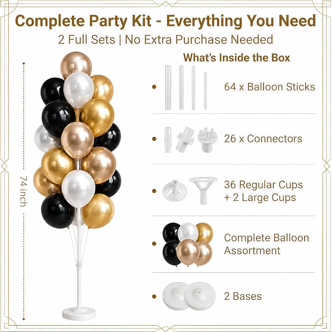 Balloon Column Kit Set of 2 With Balloons Included - with Base, and Pole,Balloon Tower Backdrop Decoration for Wedding, Baby Shower, Birthday Party, or Bachelorette Parties (Black Champagne Gold)