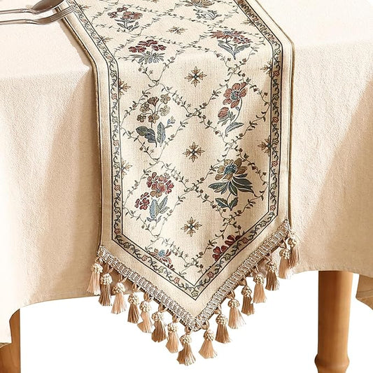 patdrea Designer Vintage Floral Linen Table Runner 87 Inch Long, Beige Cottage Rustic Bouquets Pattern Table Mat,Decor for Kitchen Dining Coffee Table Shelf Cabinet Banquet Christmas ,12"*87"