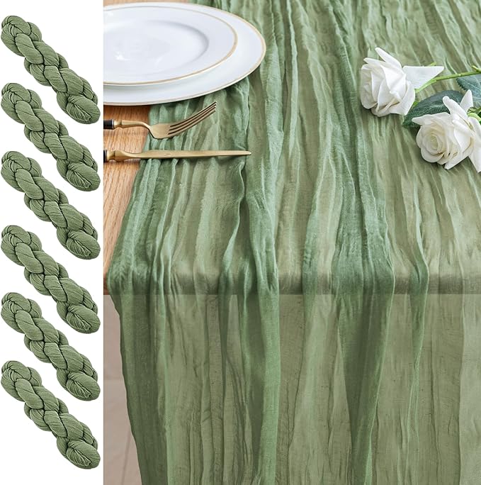 6PCS Table Runner Cheesecloth 10FT Sage Green Boho Gauze Cheese Cloth Rustic Sheer Table Runners for Wedding Bridal Baby Shower Party Decoration