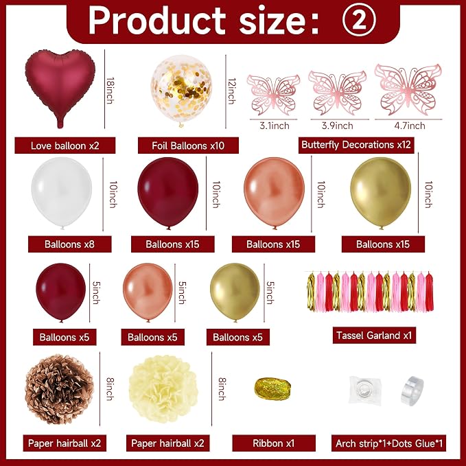 Burgundy Happy Birthday Decorations for Women,296pcs Burgundy Balloons Birthday Decorations for Girl Kit Disposable Dinnerware Set with 25 Guest, Balloons, Banner, Fringe Curtain,Butterfly Decorations