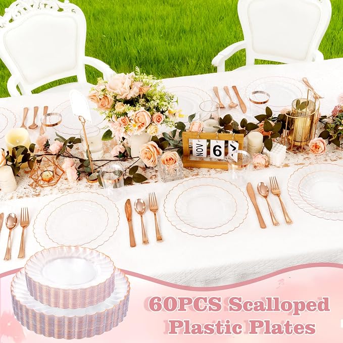 YOUBET 60PCS Rose Gold Plastic Plates - Scalloped Disposable Plates include 30 Dinner Plate, 30 Dessert Plate for Party & Wedding & Baby Shower