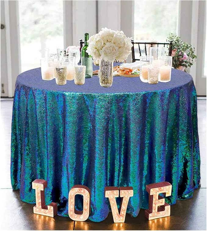 ShiDianYi Iridescent Green Tablecloth Round 72 Inch Sequin Tablecloth for Party Birthday Holiday Table Shiny Green Round Table Cloth Mermaid Tablecloth Cover Christmas Tablecloth