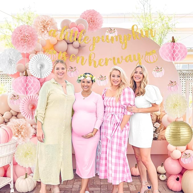 Kriyokiaa Little Pumpkin Baby Shower Decorations for Girl 15 Pcs Pink Fall Baby Shower Decorations with A Little Pumpkin is On Her Way Banner, Tissue Pom-Poms, Paper Lantern for It's a Girl Party