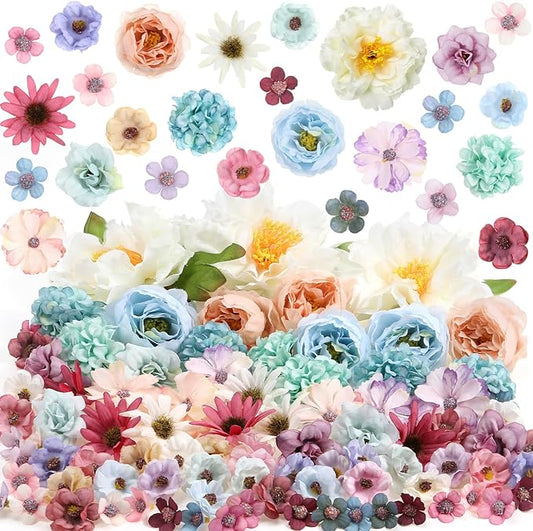 Thiccywoov 250 Pcs Artificial Flowers Heads Mini Silk Mix Flowers Fake Peony Daisy Rose Multicolor Small Flower Heads for Wedding Home Decorations Party Craft Garland DIY (Multicolor)