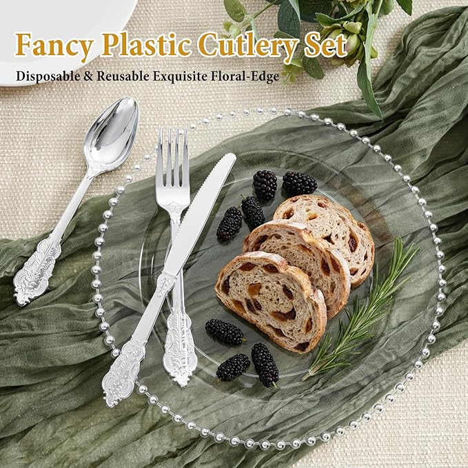 Supernal 360pcs Silver Plastic Silverware Set with Embossed Handles,Vintage Heavy Duty Baroque Disposable Cutlery (120 Forks, 120 Spoons, 120 Knives) | Elegant Utensils for Wedding, Party,Anniversary