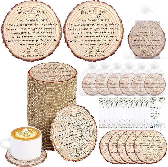 50 Sets Wedding Favors for Guests Cork Coasters Bulk Thank You Cards Organza Bags Wood Coaster Rustic Wedding Gift Bridal Shower Party Favors