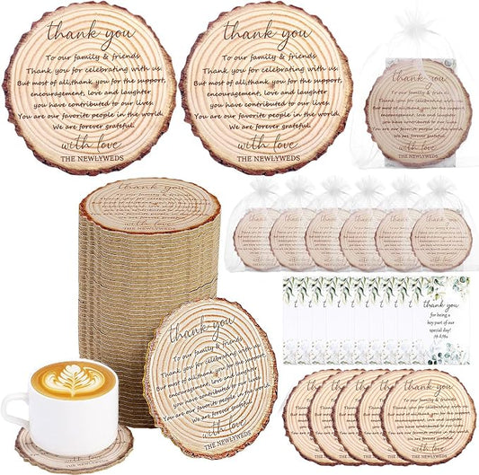 100 Sets Wedding Favors for Guests Cork Coasters Bulk Thank You Cards Organza Bags Wood Coaster Rustic Wedding Gift Bridal Shower Party Favors