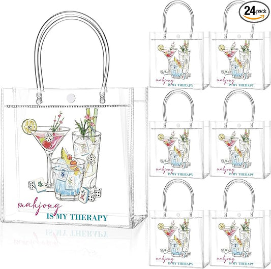 Teenyyou 24 Pcs Mahjong Party Favor Bags Mahjong Is My Therapy PVC Gift Bags with Handles, Reusable Transparent Goodie Container for Bachelorette, Bridal Shower, Birthday Party Favors