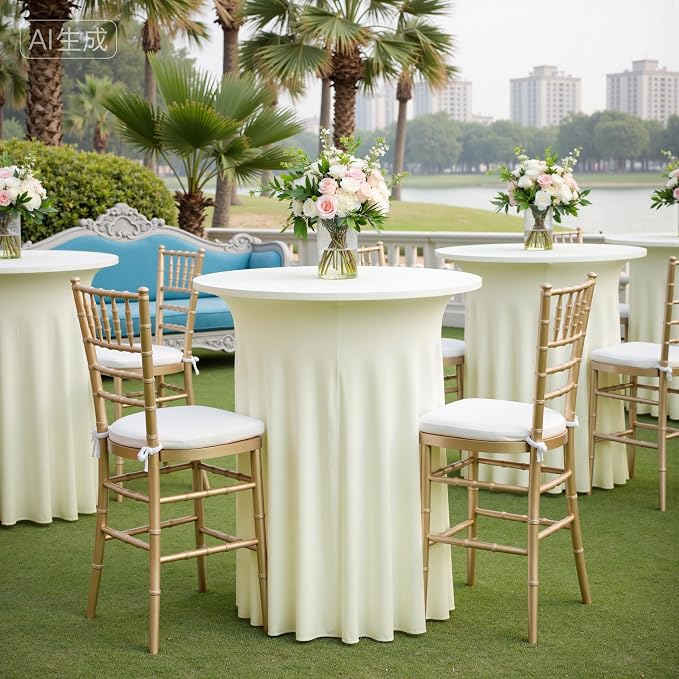 4 pk Ivory Cocktail Table Cloth Round 36×43in-High Top Highboy Bar Cocktail Tablecloths-Wrinkle Free Stretchy Fitted Spandex Table Covers with Ruffle Desk Skirt for Wedding Banquet Party Tables