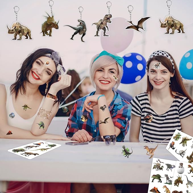 122 PCS Realistic Dinosaur Party Favors, Forest Dinosaur Birthday Decorations, Prehistoric Dinosaur Notebook, Slap Bracelets, Dinosaur Stickers, Paper Headbands, Badge, Keychains, Dinosaur Tattoos