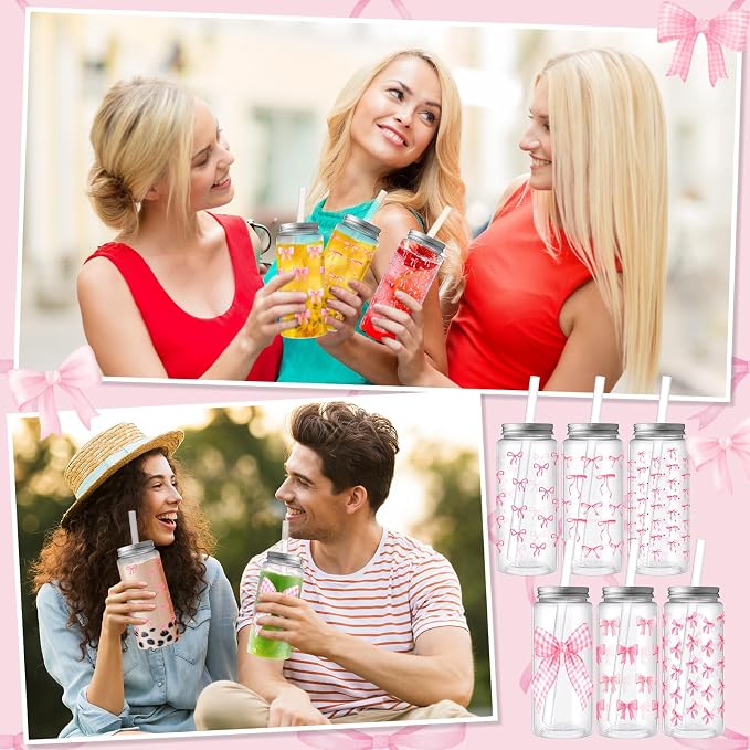 Skylety 30 Pcs Coquette Bow Aesthetic Cup Plastic Tumbler with Lids and Straws 13.5 oz Reusable Cute Plastic Cups for Women Sea Summer Birthday Bridal Wedding Party Supplies