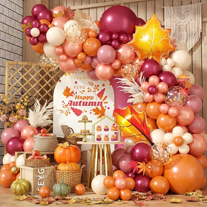 Fall Balloon Garland Arch Kit, Orange Wine Red Dusty Pink Rose Gold Confetti Balloons with Maple Leaf Foil Balloons for Thanksgiving Autumn Fall Birthday Baby Shower Party Decorations